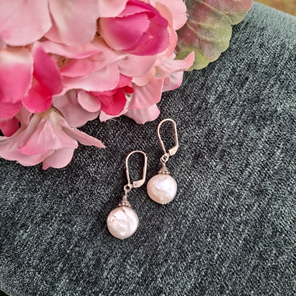 Sterling Silver Leverback and Pearl Earrings
